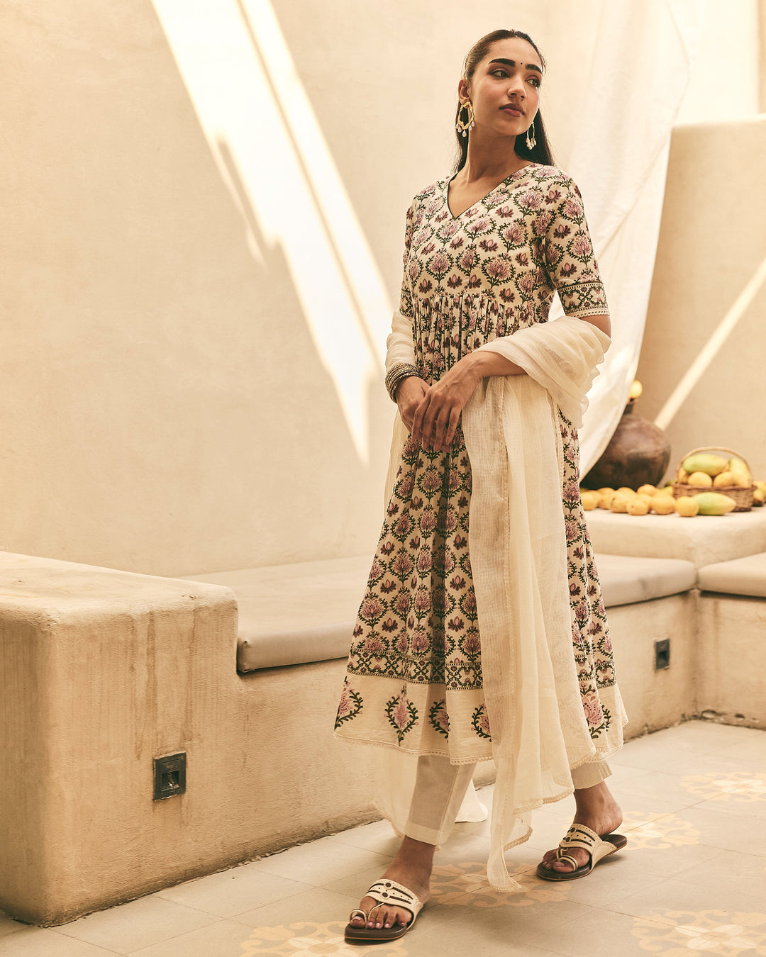 Zahana Beige Cotton Printed Suit Set