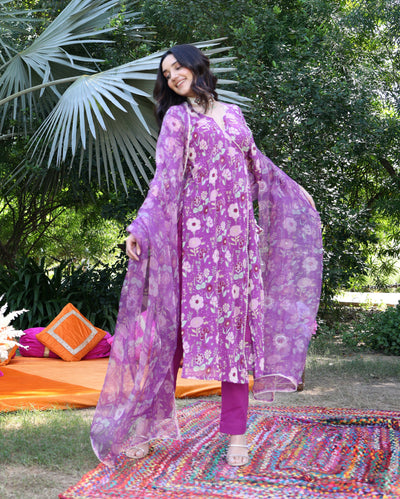 Iris Bloom Purple Printed Georgette Dupatta