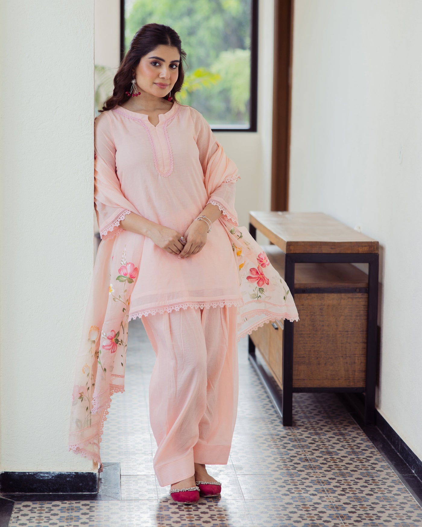 Milky Peach Handpainted Chanderi Suit Set