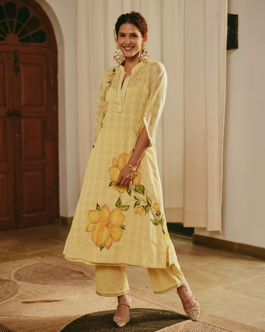 Zivya Yellow Handpainted Cotton Checks Coord Set
