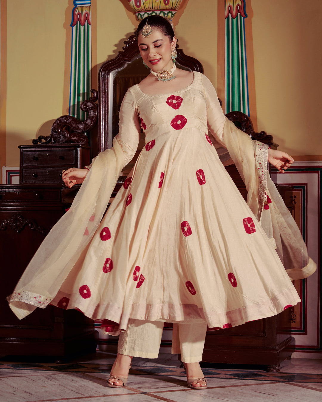 Sharada Beige Bandhani Muslin Suit Set