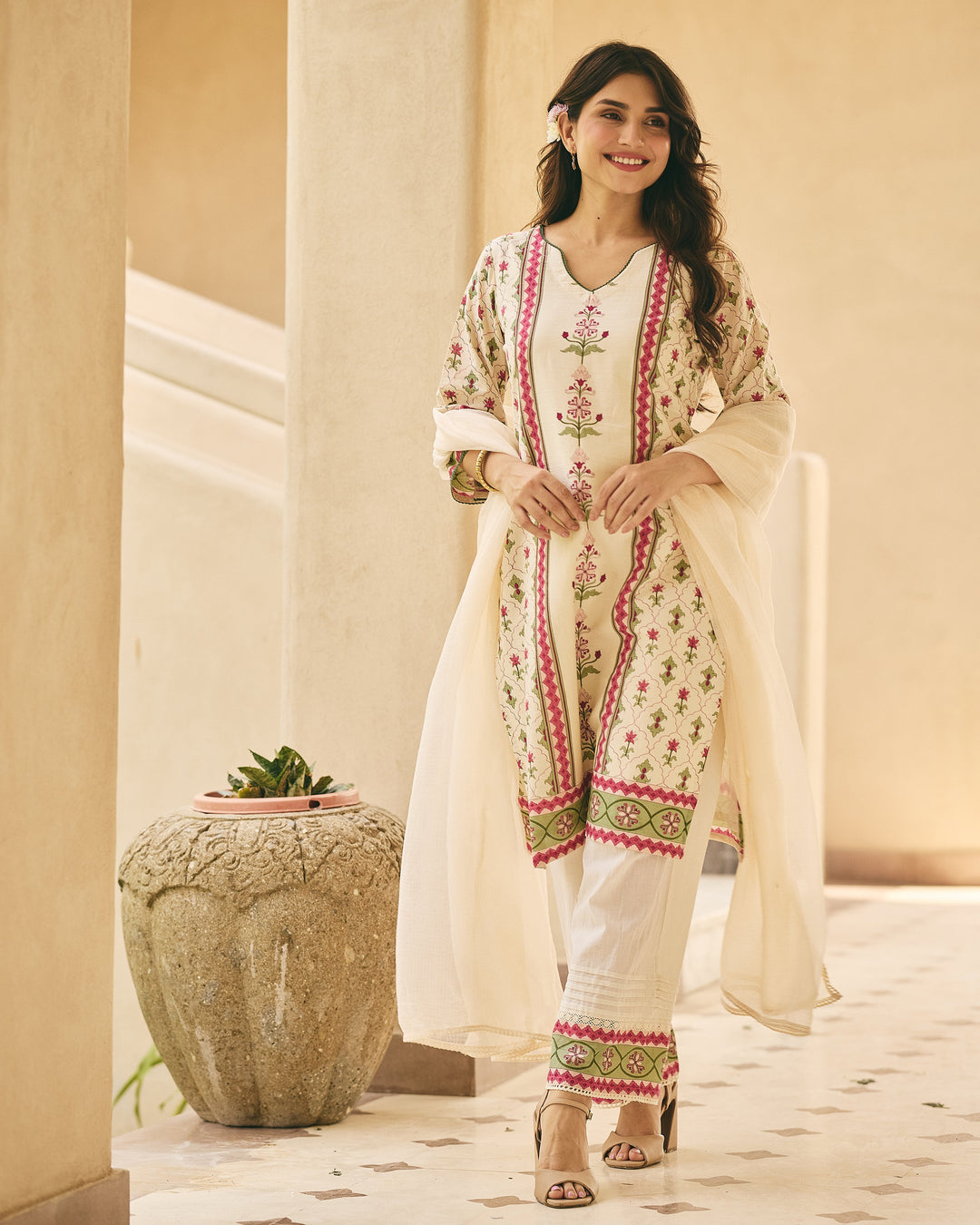 Kaisan Beige Cotton Printed Suit Set