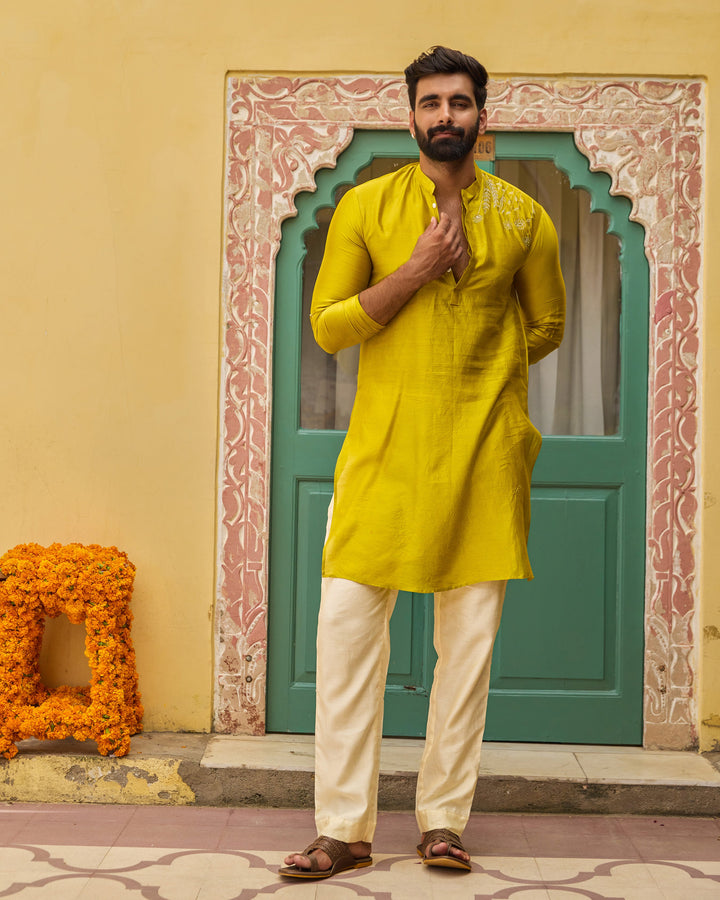 Sourabh Yellow Chanderi Embroidered Kurta