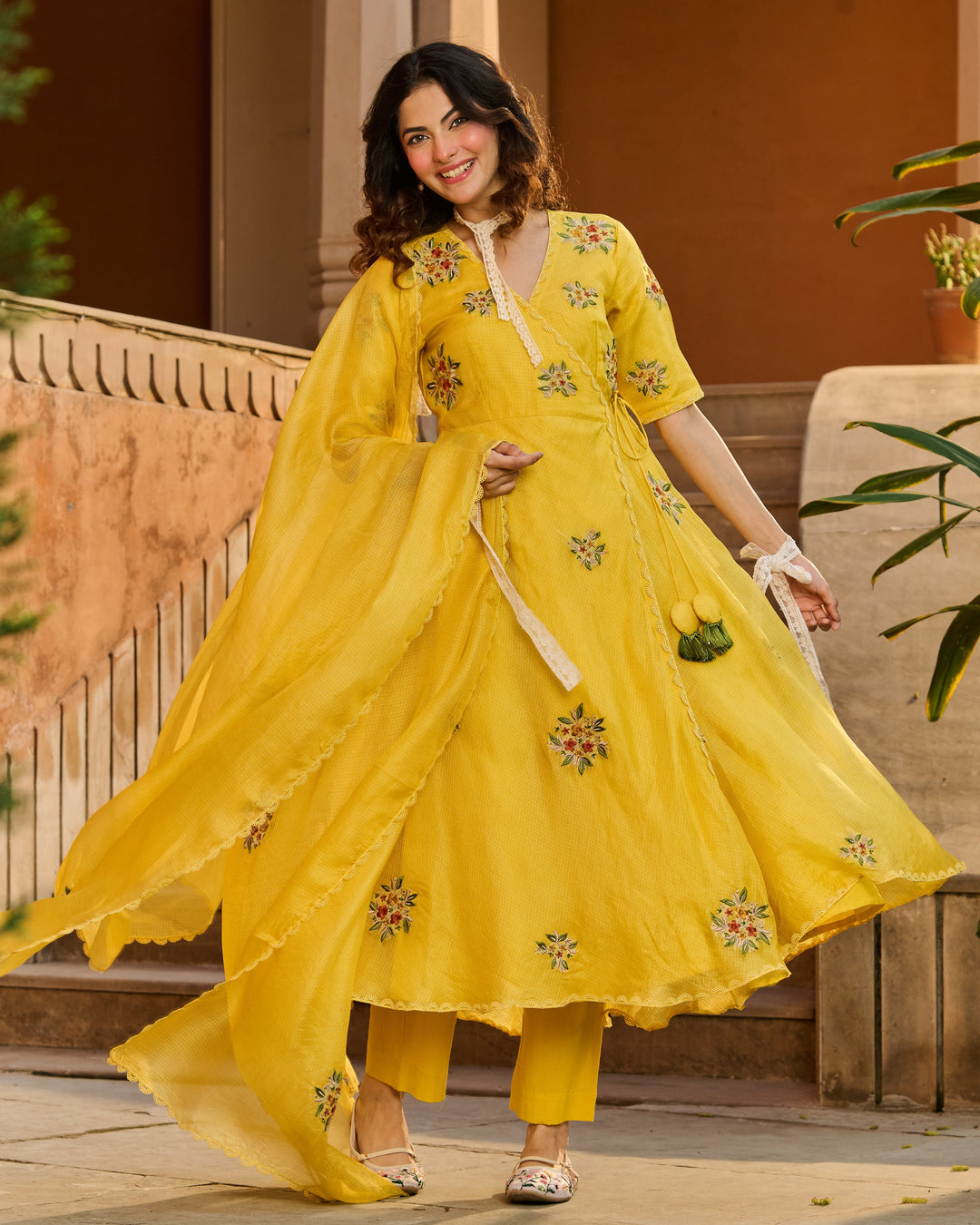 Kesari Yellow Embroidered Doria Suit Set
