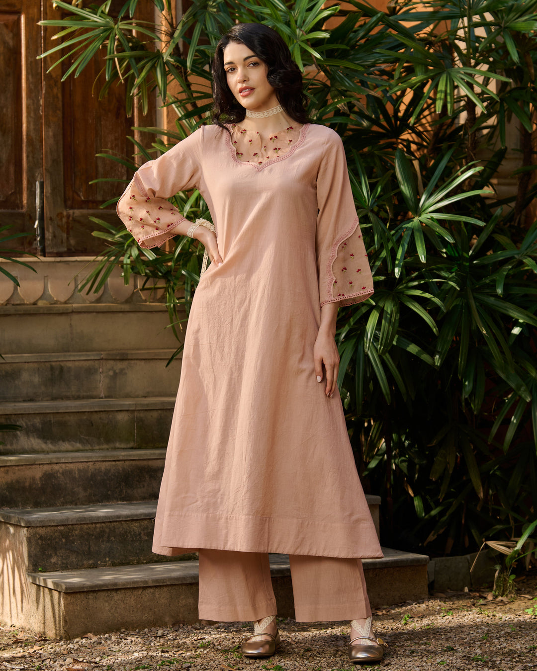 Zeena Peach Embroidered Cotton Kurta Set