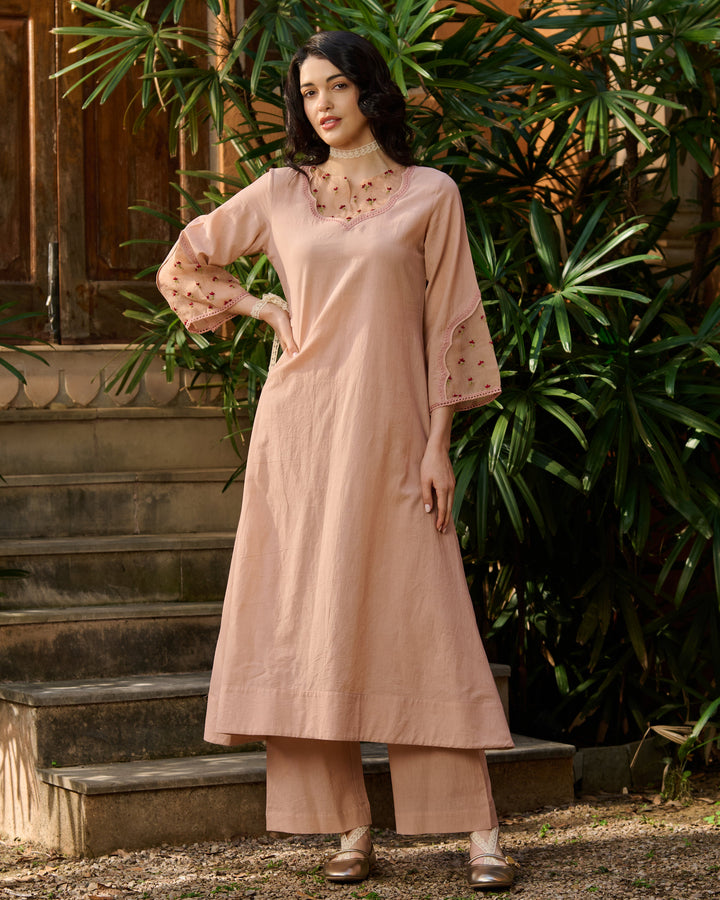 Zeena Peach Embroidered Cotton Kurta Set