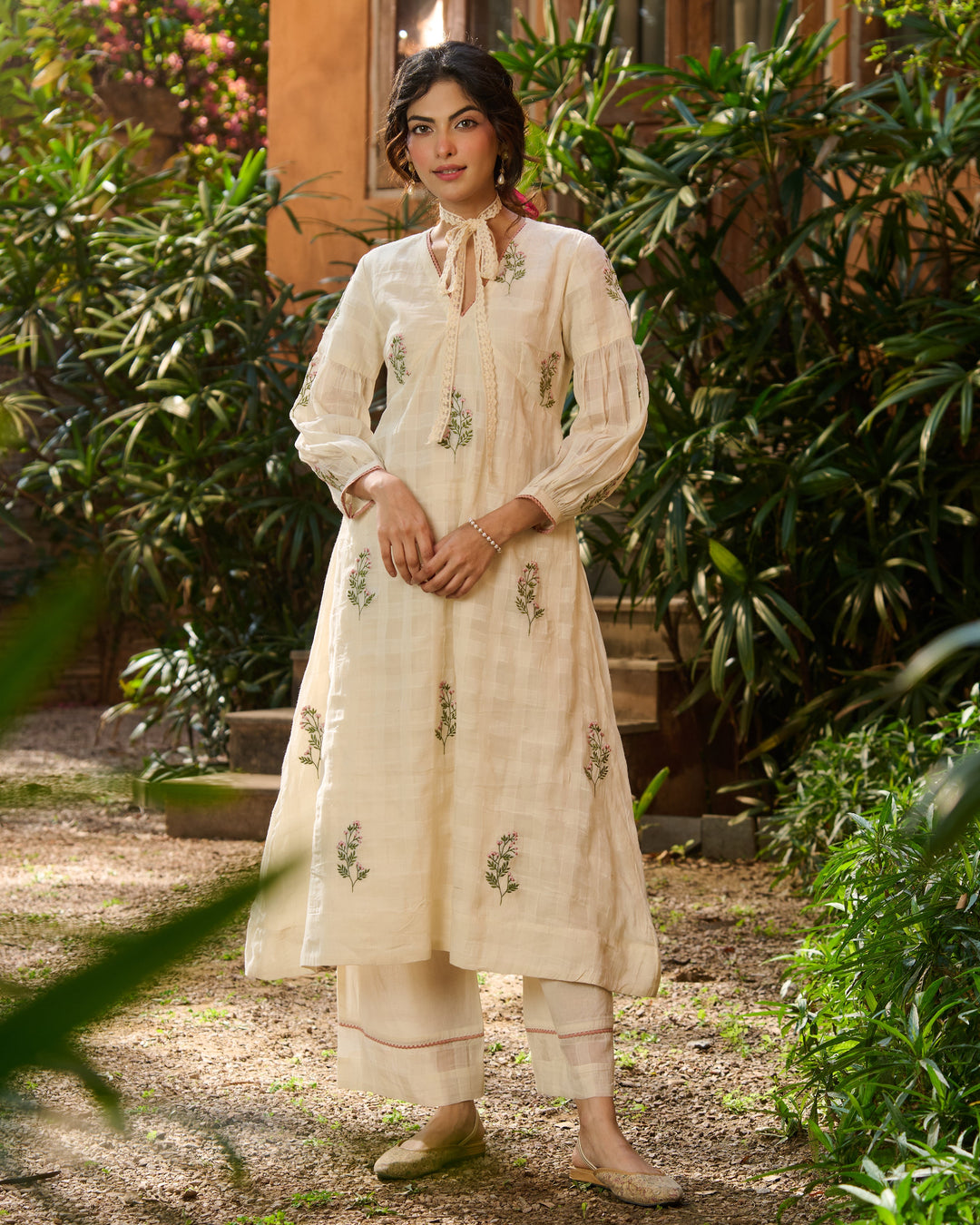 Sidoni Off White Embroidered Cotton Checks Kurta Set