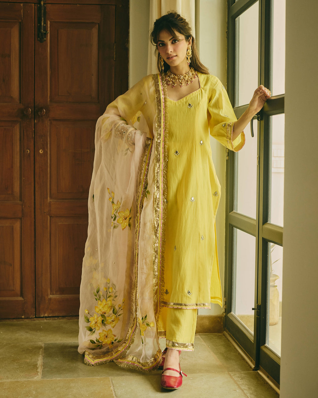 Chitriya Yellow Handpainted Chanderi Suit Set