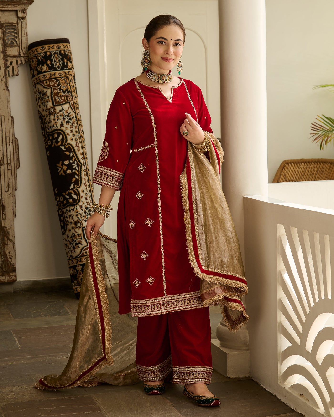 Saya Red Embroidered Velvet Suit Set