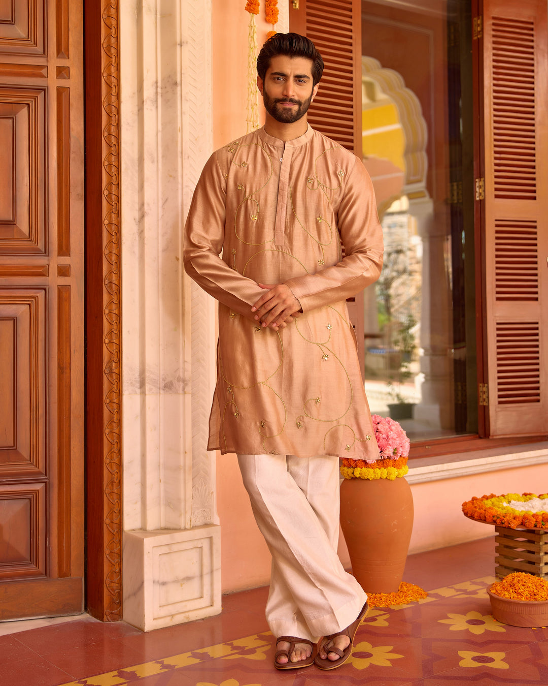 Damodar Brown Chanderi Embroidered Kurta