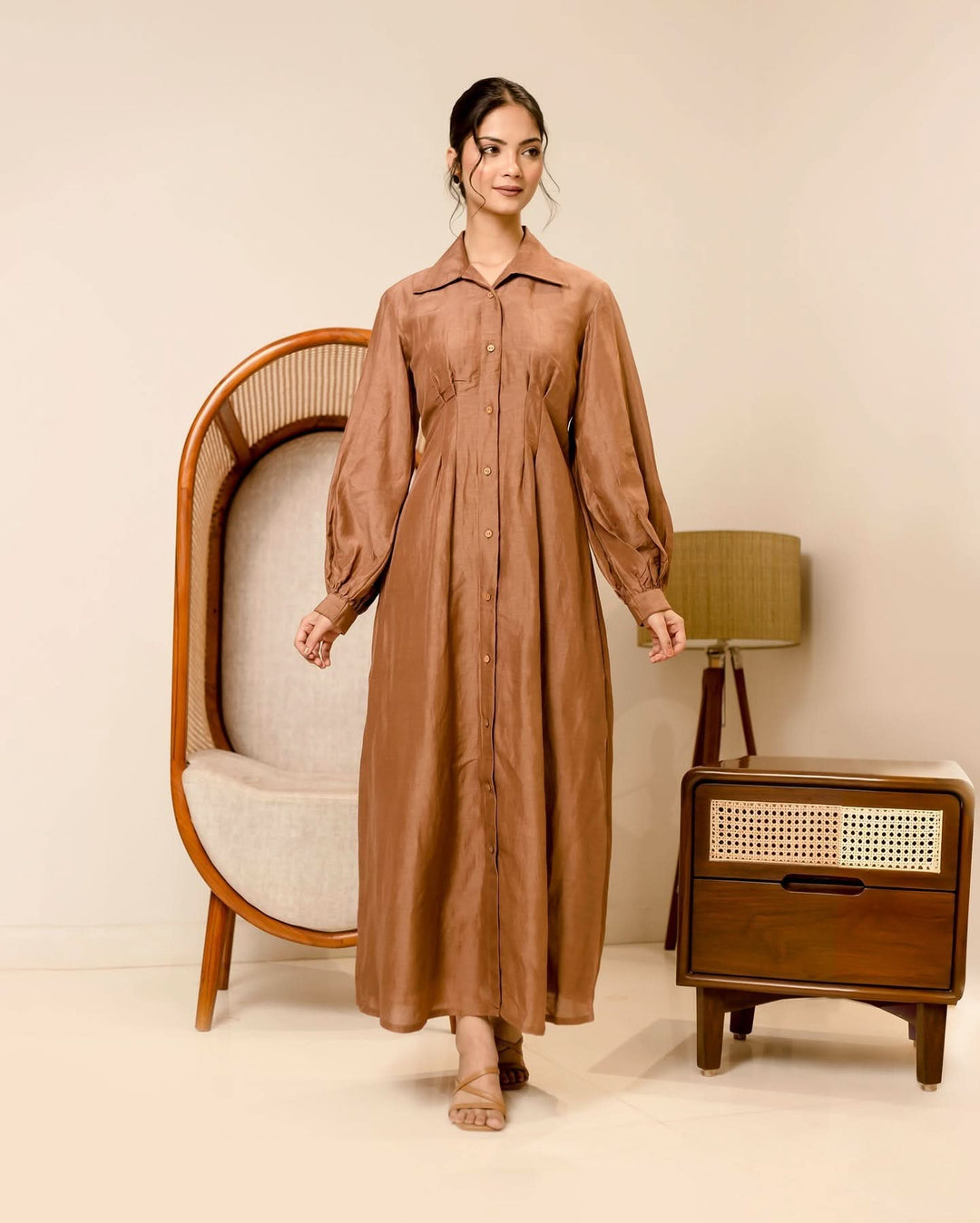 Supreme Brown Solid Cotton Shirt Dress