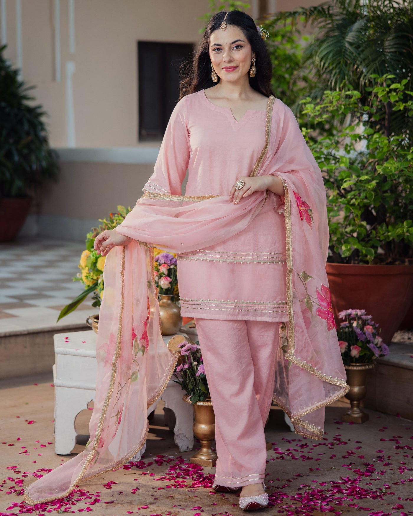 Kaner Pink Handpainted Chanderi Suit Set