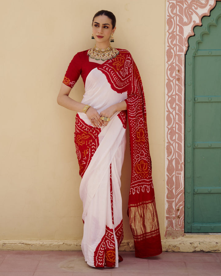 Champa White Kajol Bandhej Silk Saree