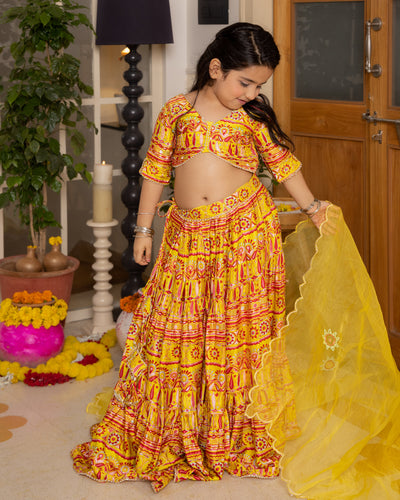 Hipsa Yellow Printed Chanderi Lehenga Set