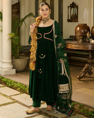 Bhavani Green Solid Velvet Suit Set