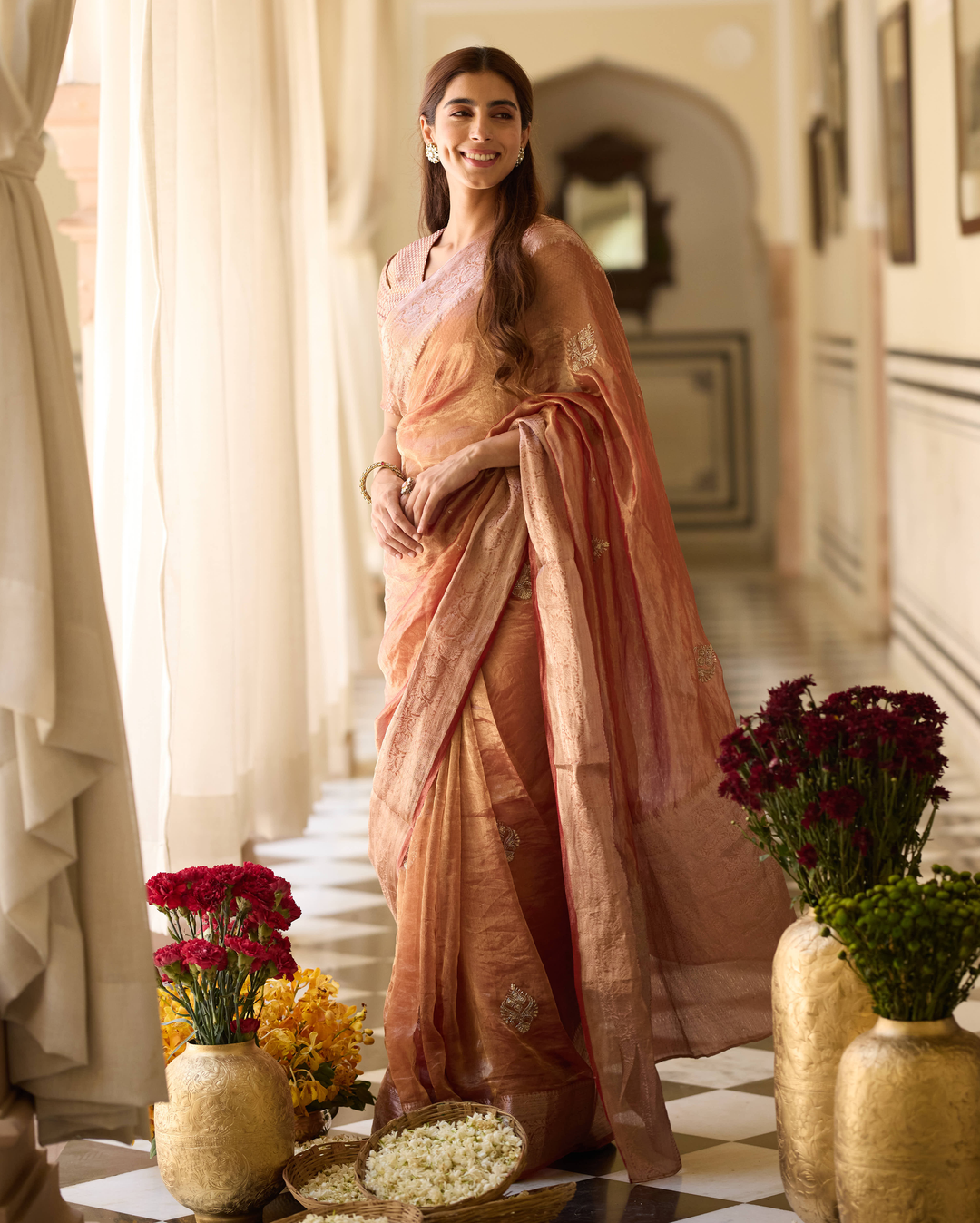 Damini Rust Orange Handcrafted Tissue Saree
