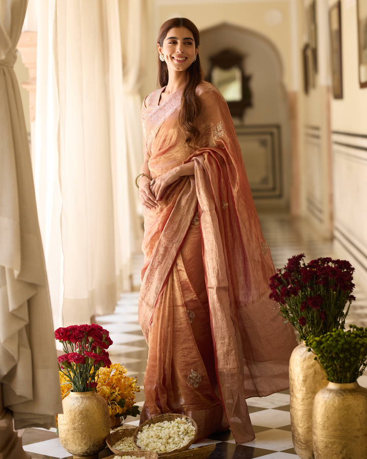 Damini Rust Orange Handcrafted Tissue Saree
