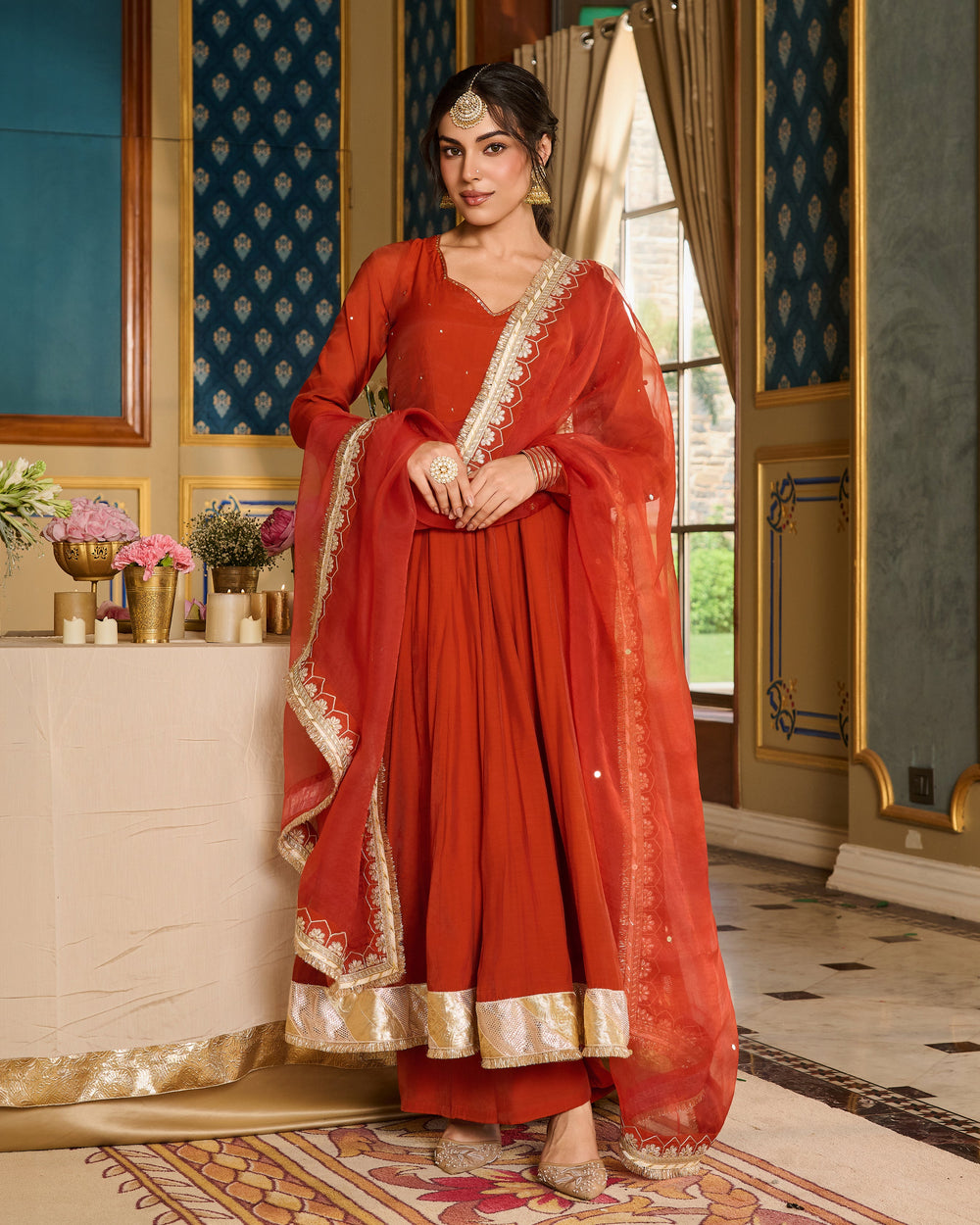 Deepashri Orange Embroidered Chanderi Suit Set