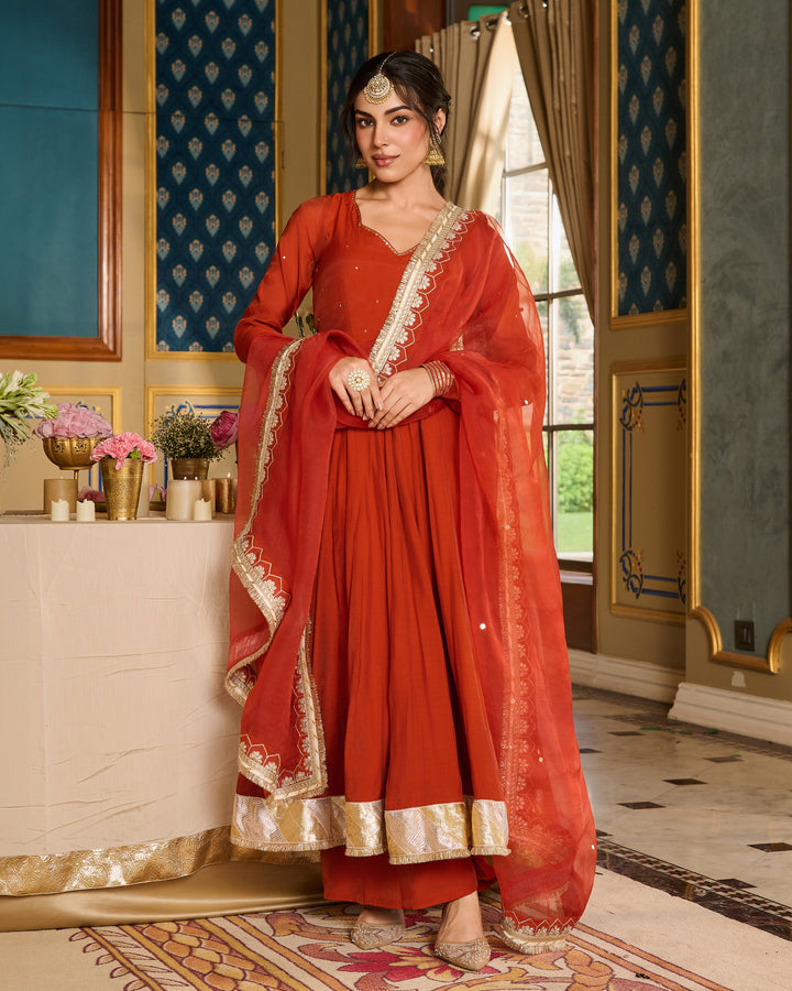Deepashri Orange Embroidered Chanderi Suit Set