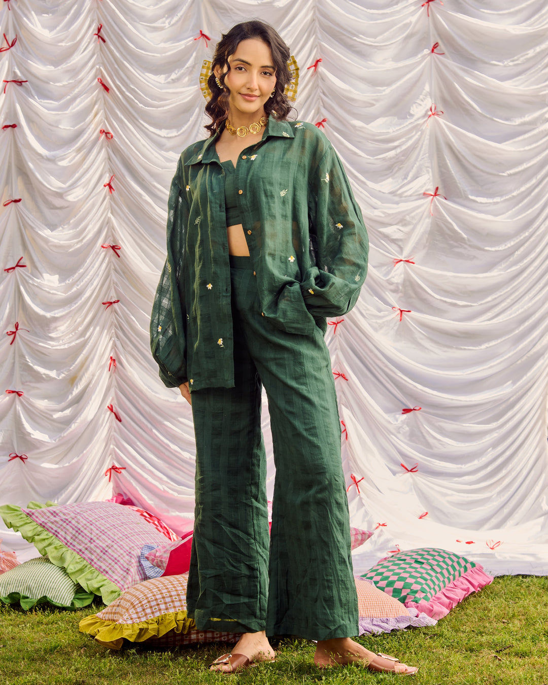 Gina Green Embroidered Cotton Checks Solid Coord Set