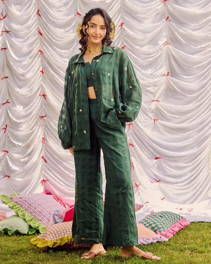 Gina Green Embroidered Cotton Checks Solid Coord Set