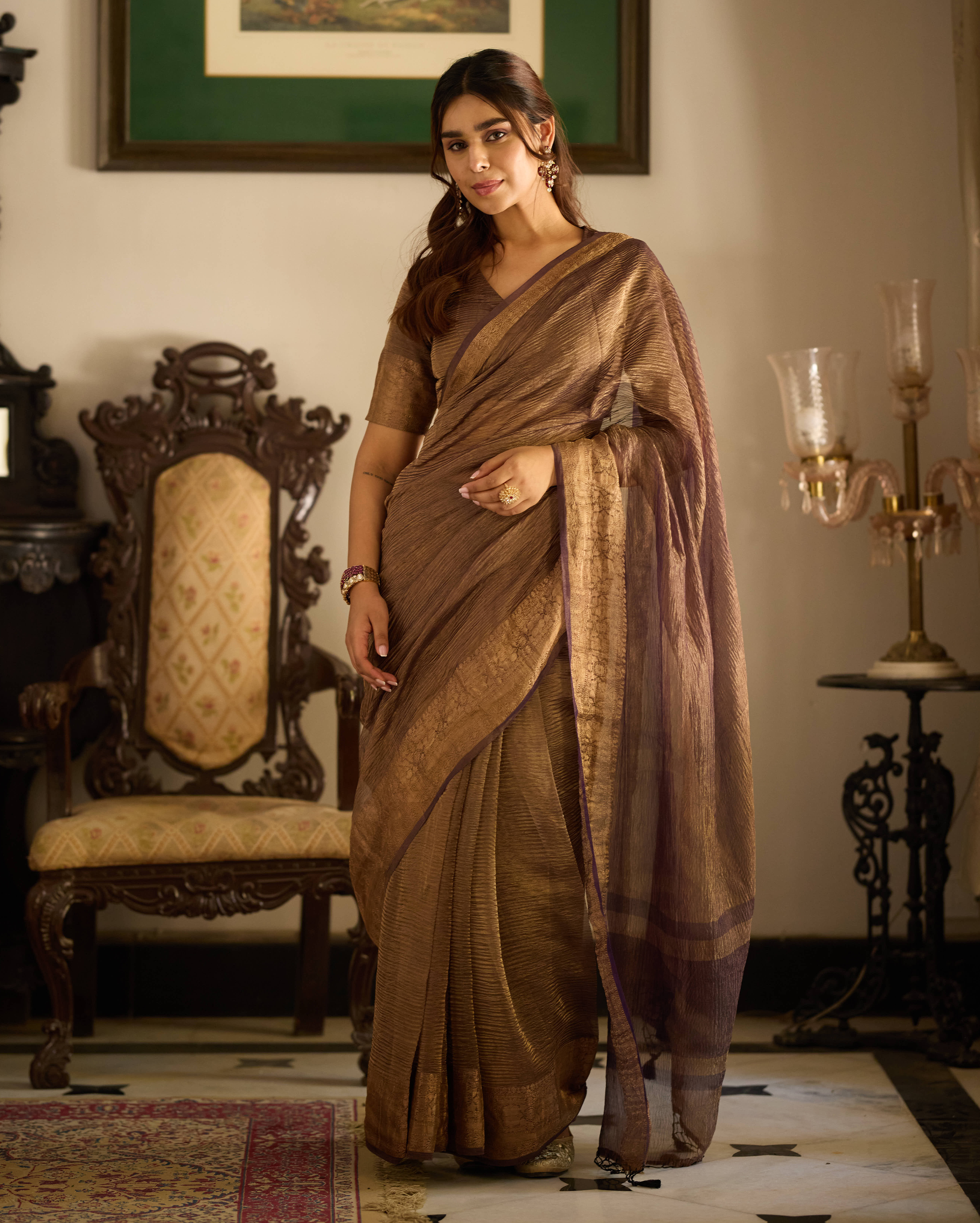 Shop Vrishti Purple Solid Crushed Tissue Saree for Women Online in ...