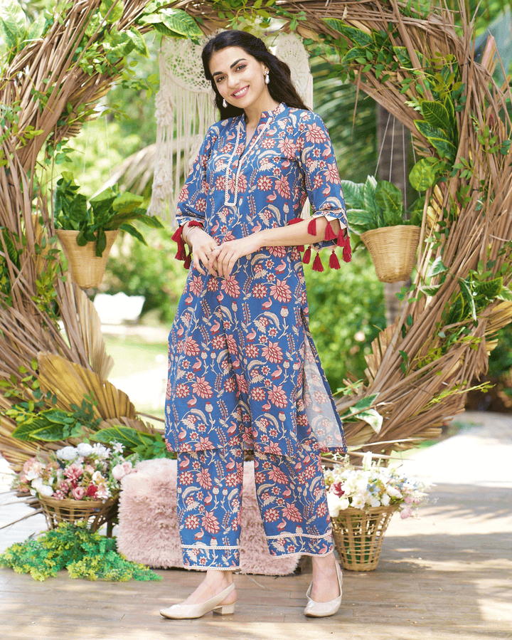 Kayra Blue Printed Cotton Kurta Set