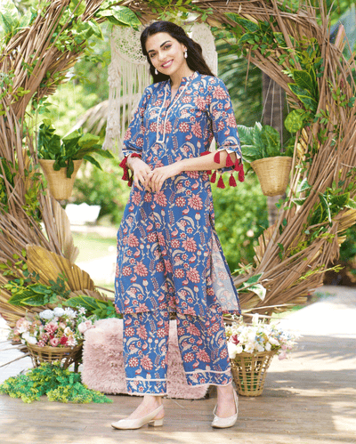 Kayra Blue Printed Cotton Kurta Set