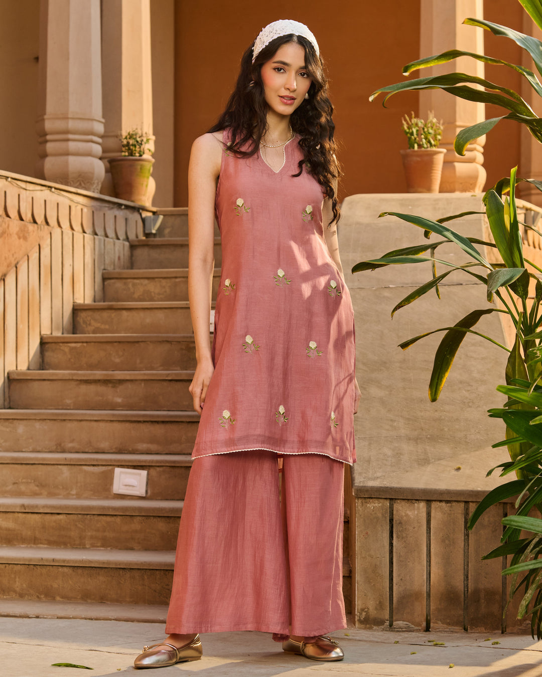 Aashi Mauve Embroidered Chanderi Kurta Set