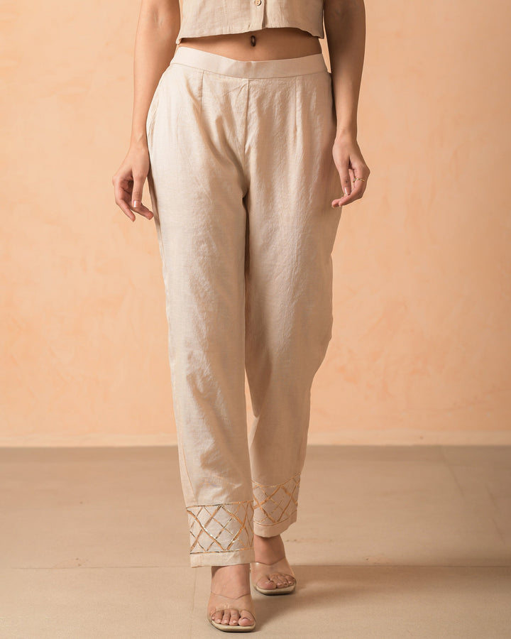 Shafa Beige Chanderi Gotapatti Straight Pants