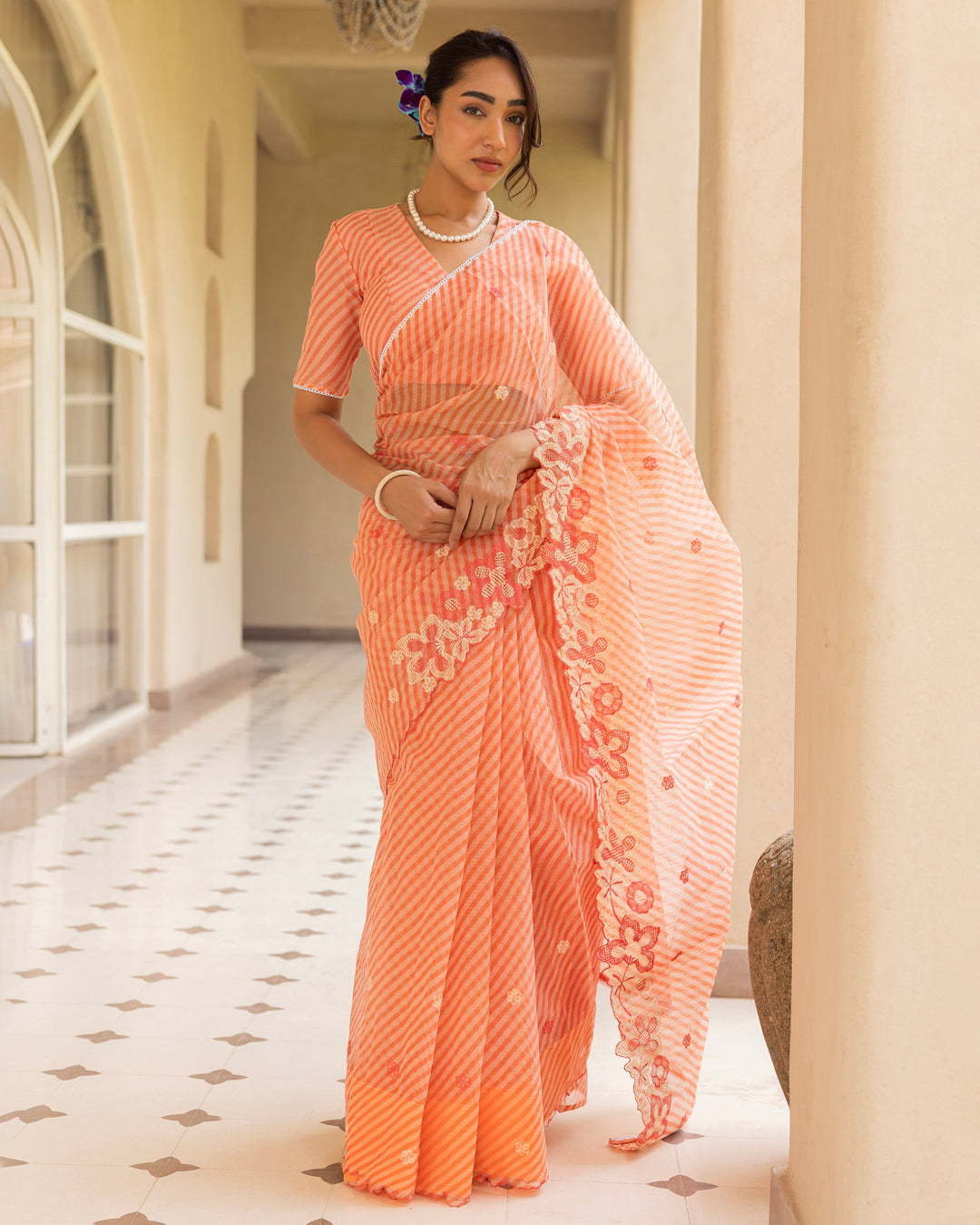 Raya Peach Doria Embroidered Saree