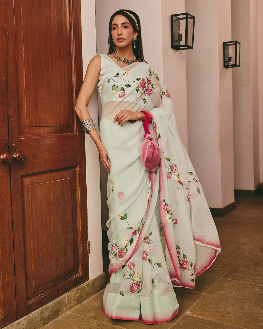Glabra Sea Green Handpainted Chiffon Saree