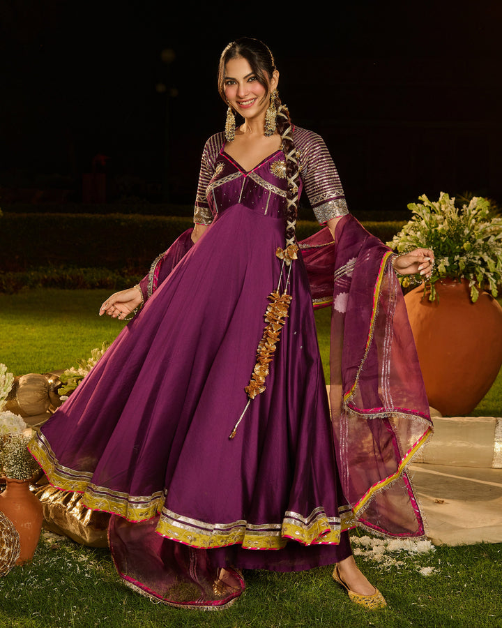 Pravya Purple Embroidered Chanderi Suit Set