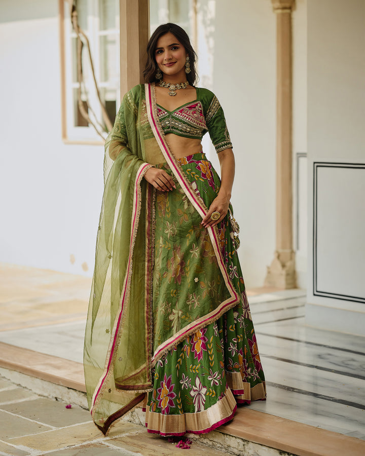 Zara Green Printed Satin Lehenga Set
