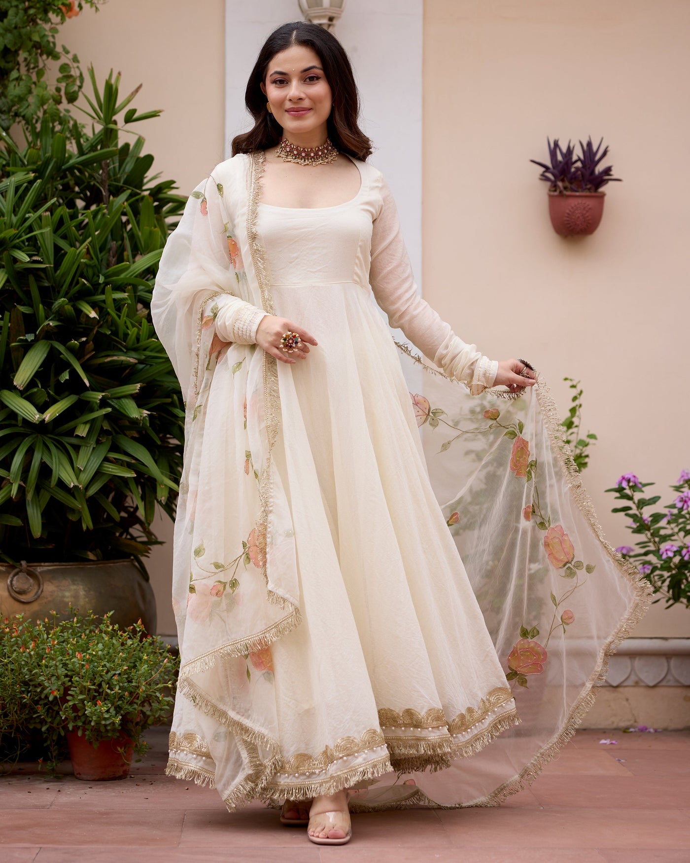 Gulnaar Off White Handpainted Chanderi Suit Set