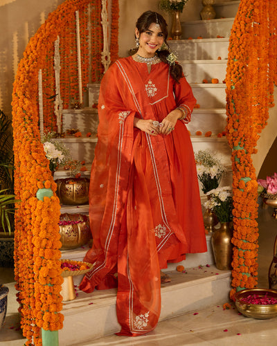 Prakash Rust Orange Solid Chanderi Suit Set