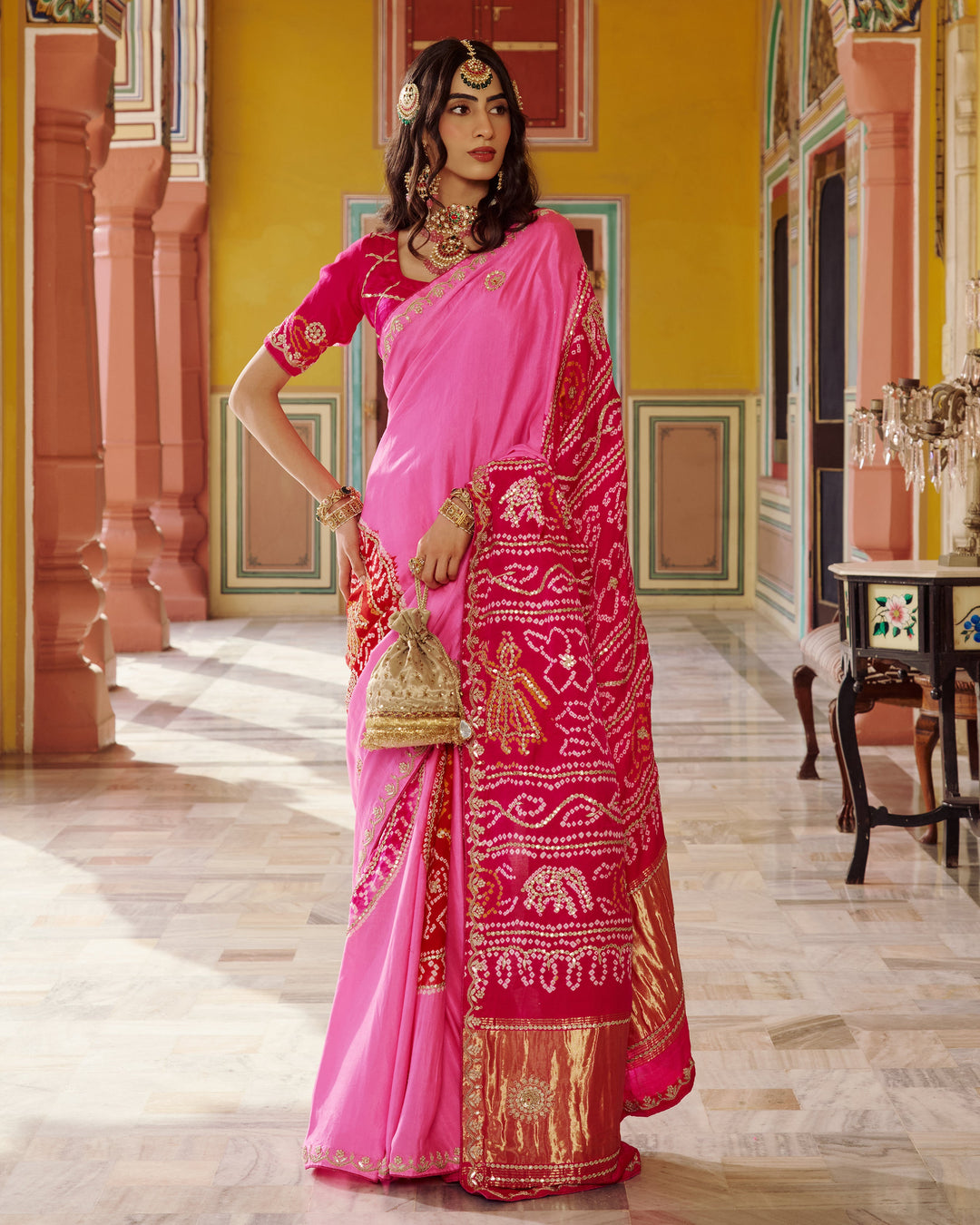 Boond Pink Embroidered Kajol Bandhej Silk Saree