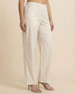 Kriya Off White Cotton Solid Straight Pants