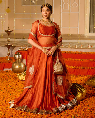 Deepa Orange Solid Chanderi Lehenga Set