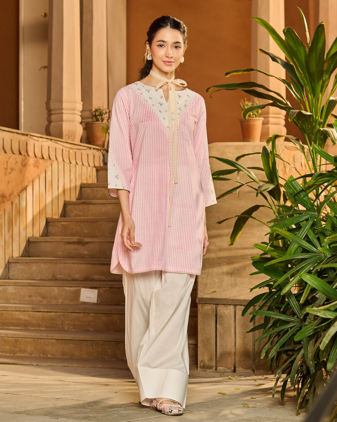Sabine Pink Printed Cotton Stripes Kurta Set