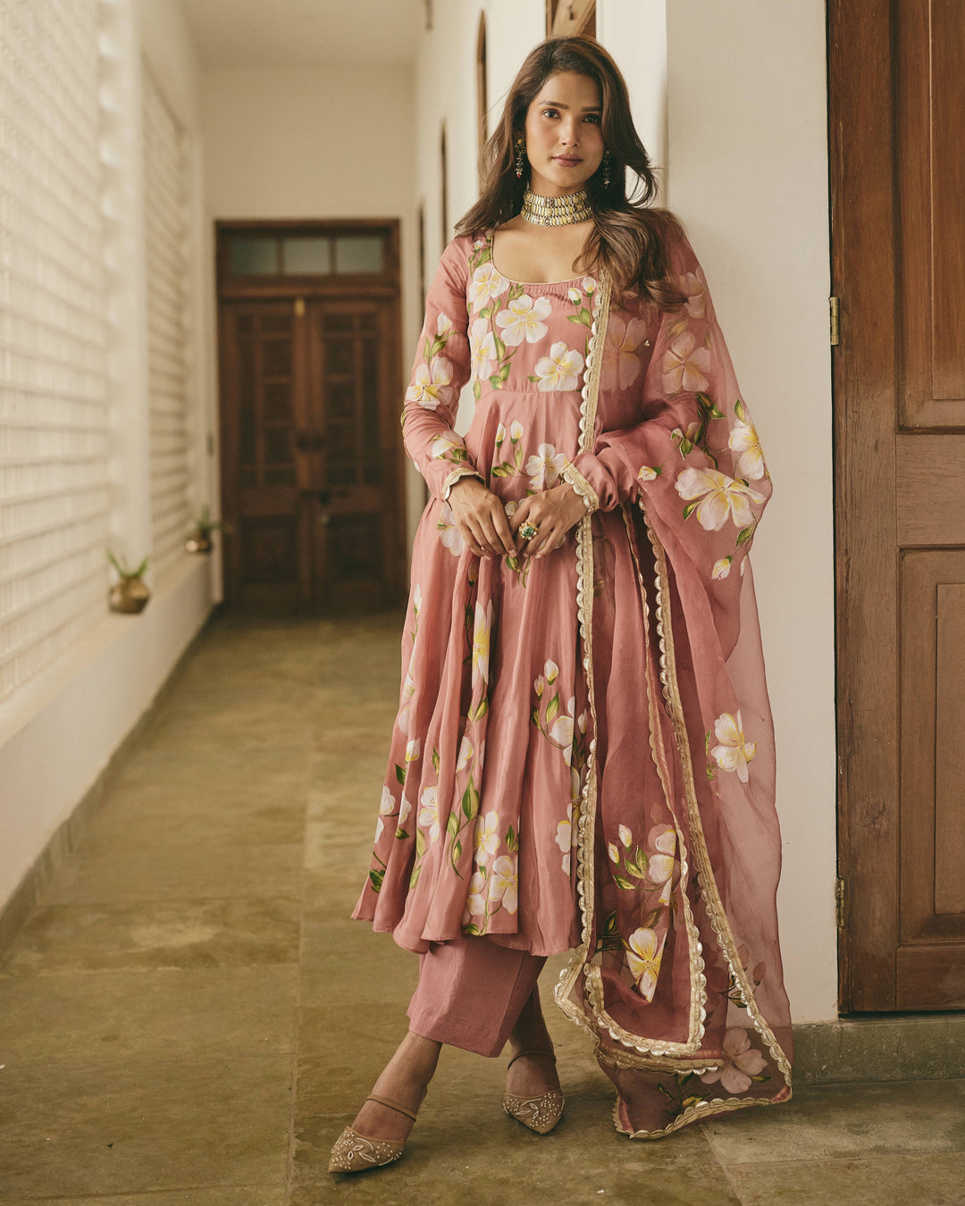 Vamika Mauve Handpainted Viscose Organza Suit Set