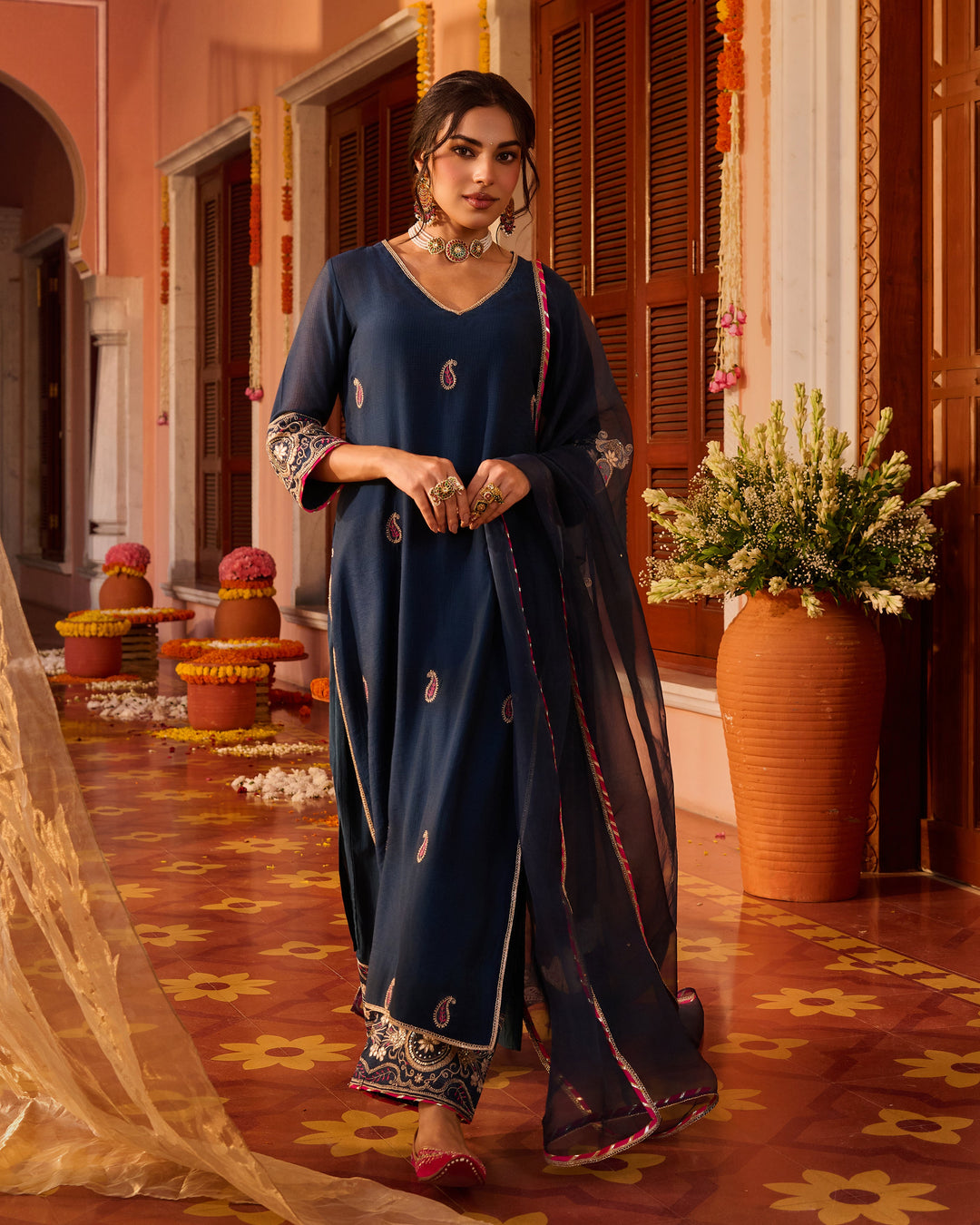 Riddhima Teal Blue Embroidered Chanderi Suit Set