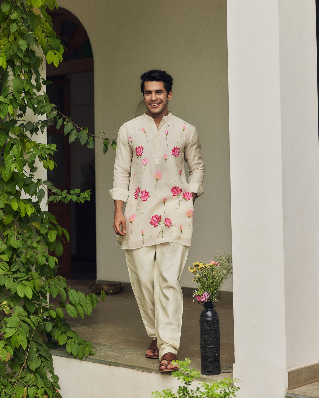 Zavian Off White Handpainted Checks Kurta