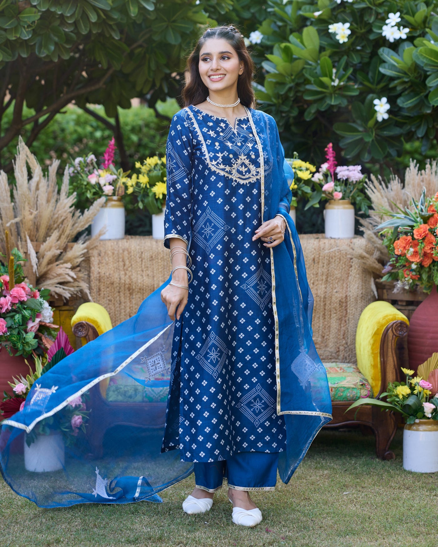 Sargam Blue Bandhani Chanderi Suit Set
