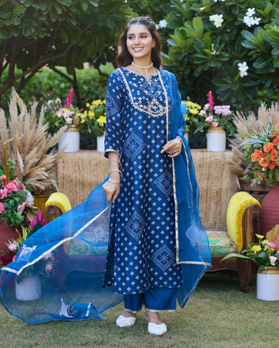 Sargam Blue Bandhani Chanderi Suit Set