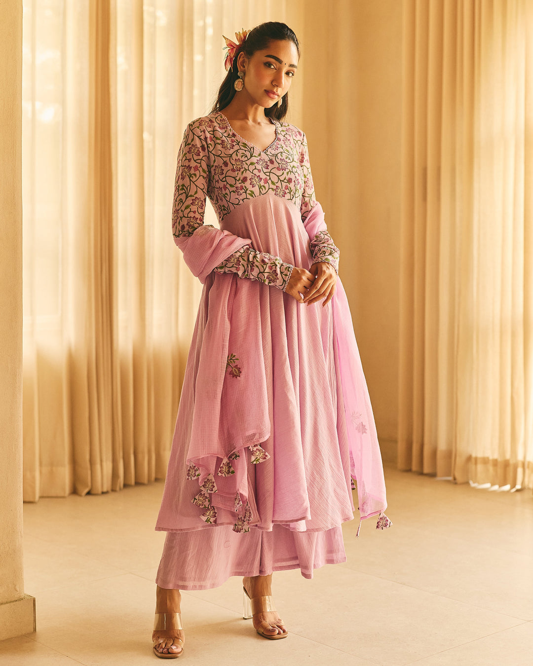 Kridha Lavender Cotton Crush Printed Suit Set