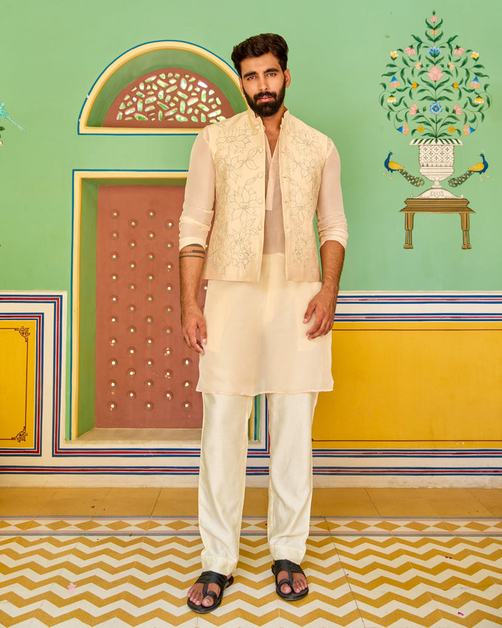 Parag Beige Embroidered Silk Jacket And Kurta Set