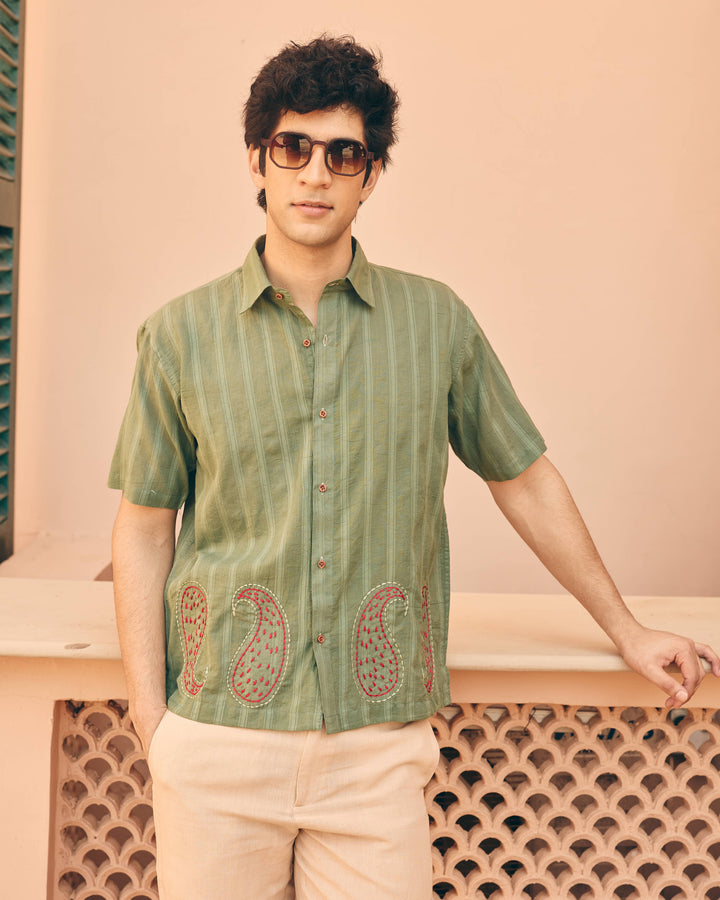 Garo Green Cotton Dobby Embroidered Shirt