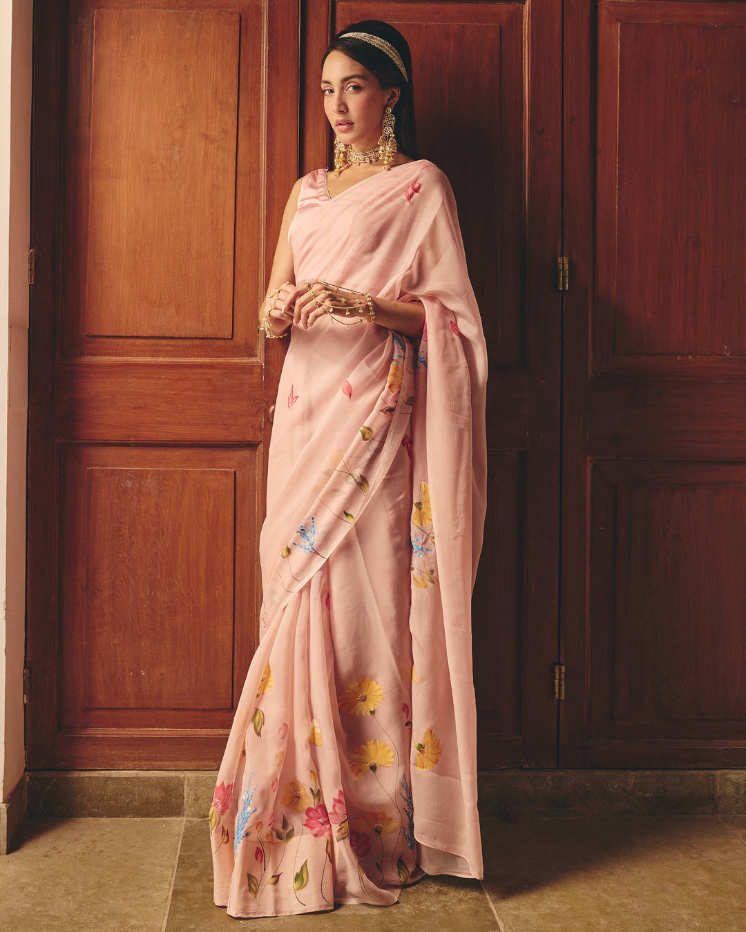 Vana Rose Pink Handpainted Chiffon Saree