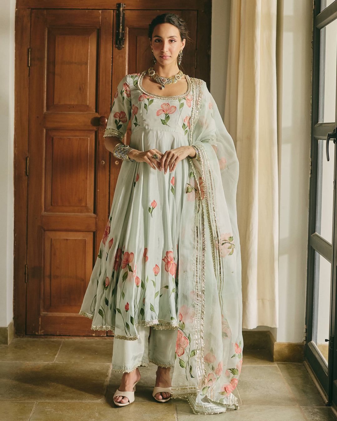 Varaz Blue Handpainted Viscose Organza Suit Set